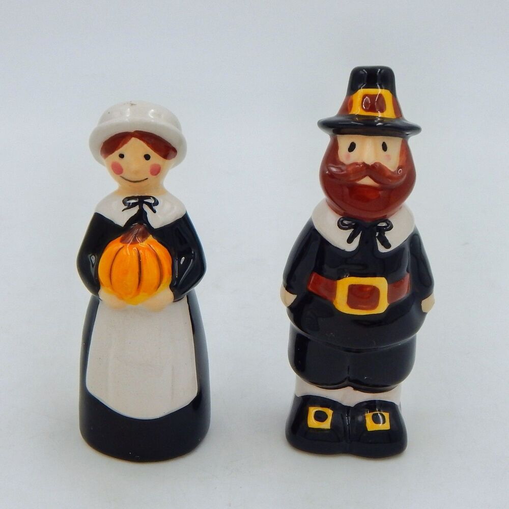 Blue Sky Pilgrim Salt Pepper Shakers Ceramic Thanksgiving Set Pumpkin Man Woman